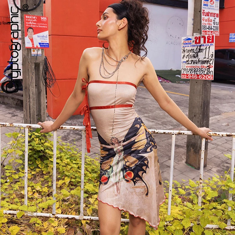 

Cryptographic Elegant Fashion Butterfly Print Sexy Strapless Mini Dress Outfits for Women Asymmetric Tie Detail Dresses Vintage