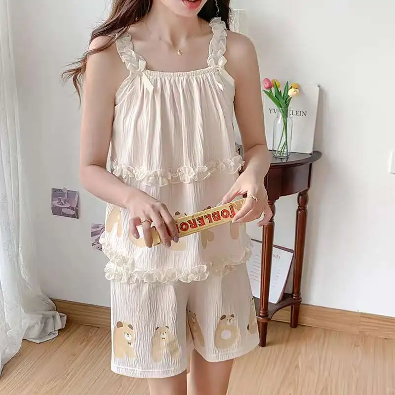 Women Girl Fashion Short Pajamas Sets Summer Wrinkled Sleepwear Cute Home Clothes