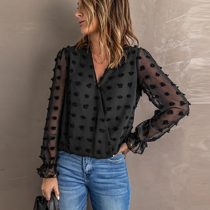

Lace Autumn V-Neck Lantern Sleeve Patchwork Chiffon Shirt
