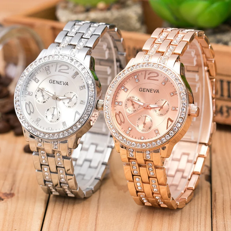 

Luxury Geneva brand women's golden steel quarterly military crystal watch