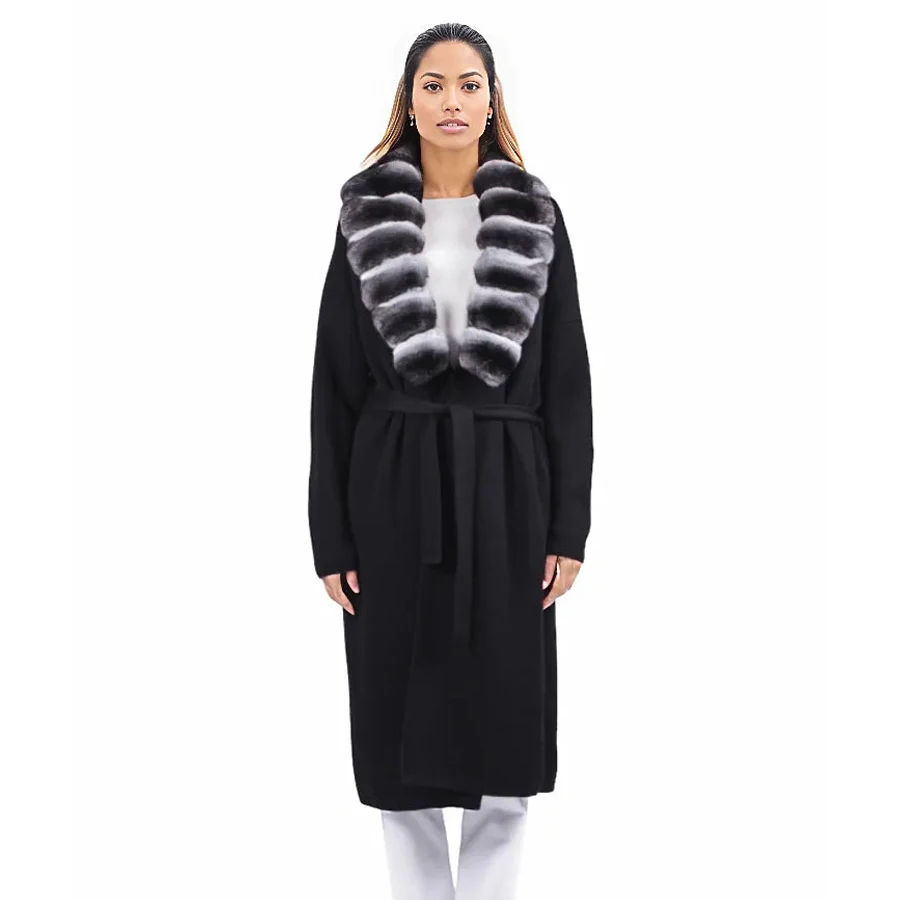 Пальто из натуральной шерсти с воротником лацканами меха кролика рекс черное