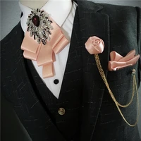 mens bow tie corsage pocket towel sets british korean dress suit jewelry luxury rhinestones men wedding accessories 3 piece set