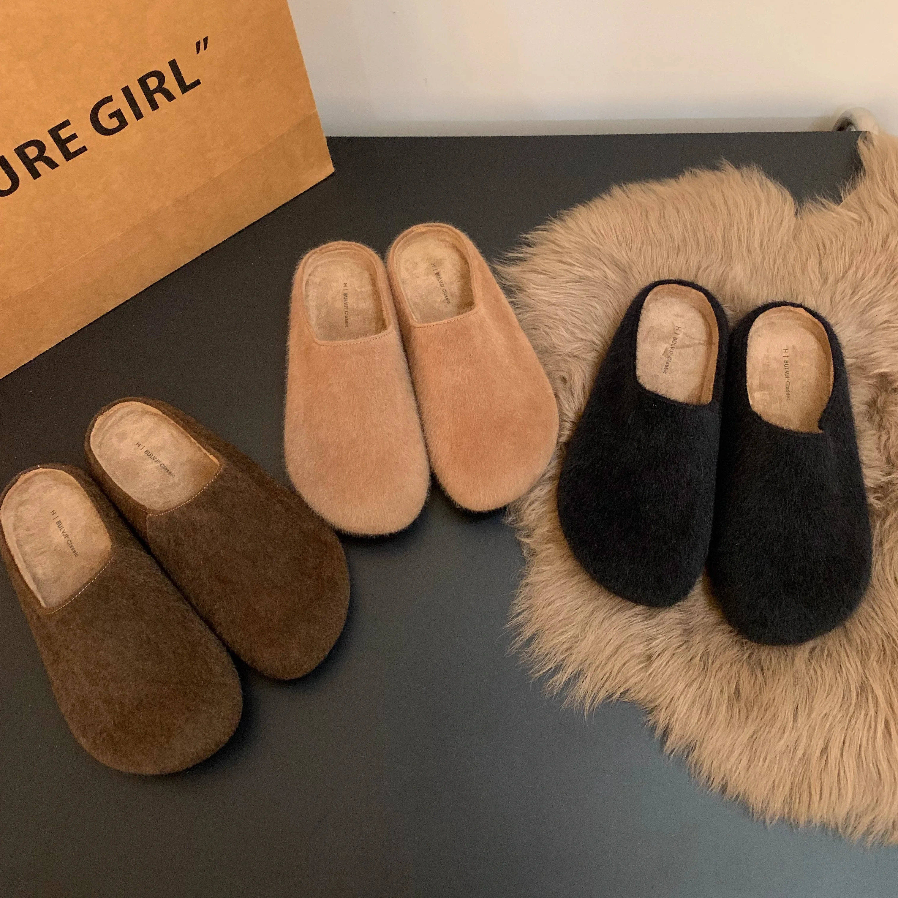 Обувь Резиновые тапочки Женские шлепанцы с закрытым носком Меховые на платформе