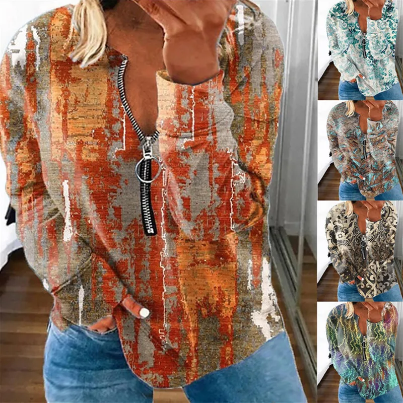 

2022 Women Fashion New Autumn and Winter New Printed Zipper Loose Round Neck Long-sleeved Pullover Sweater