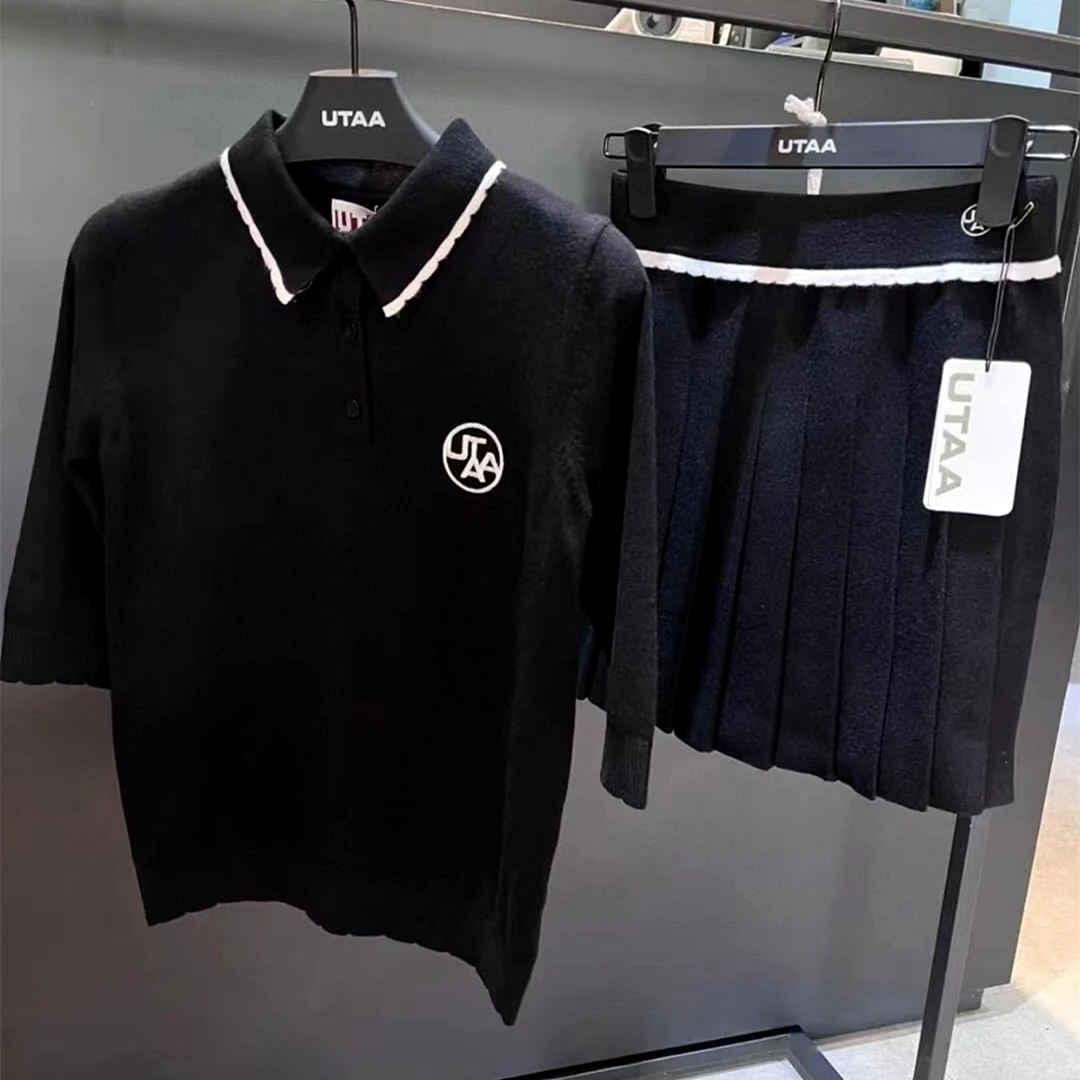 New Fall/winter 2022 Golf Clothing Knit Shirts Women's Short Sleeve Pleated Skirt Sets Slim Fit Golf Top and Waist Stretch Skirt