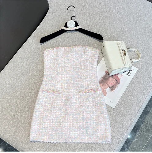 

2022 Summer Chic Dress for Women New Korean Style Sweet Halter Slim-Fit Sexy Strapless Woven Tweed Dresses Ladies Vestidos Pink