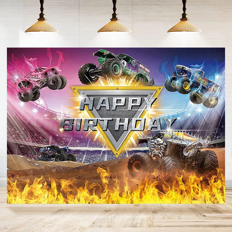 

Фон для фотосъемки с изображением монстра грузовика для маленьких мальчиков фон для детского дня рождения с изображением гоночных автомобилей торта украшение для стола плакат