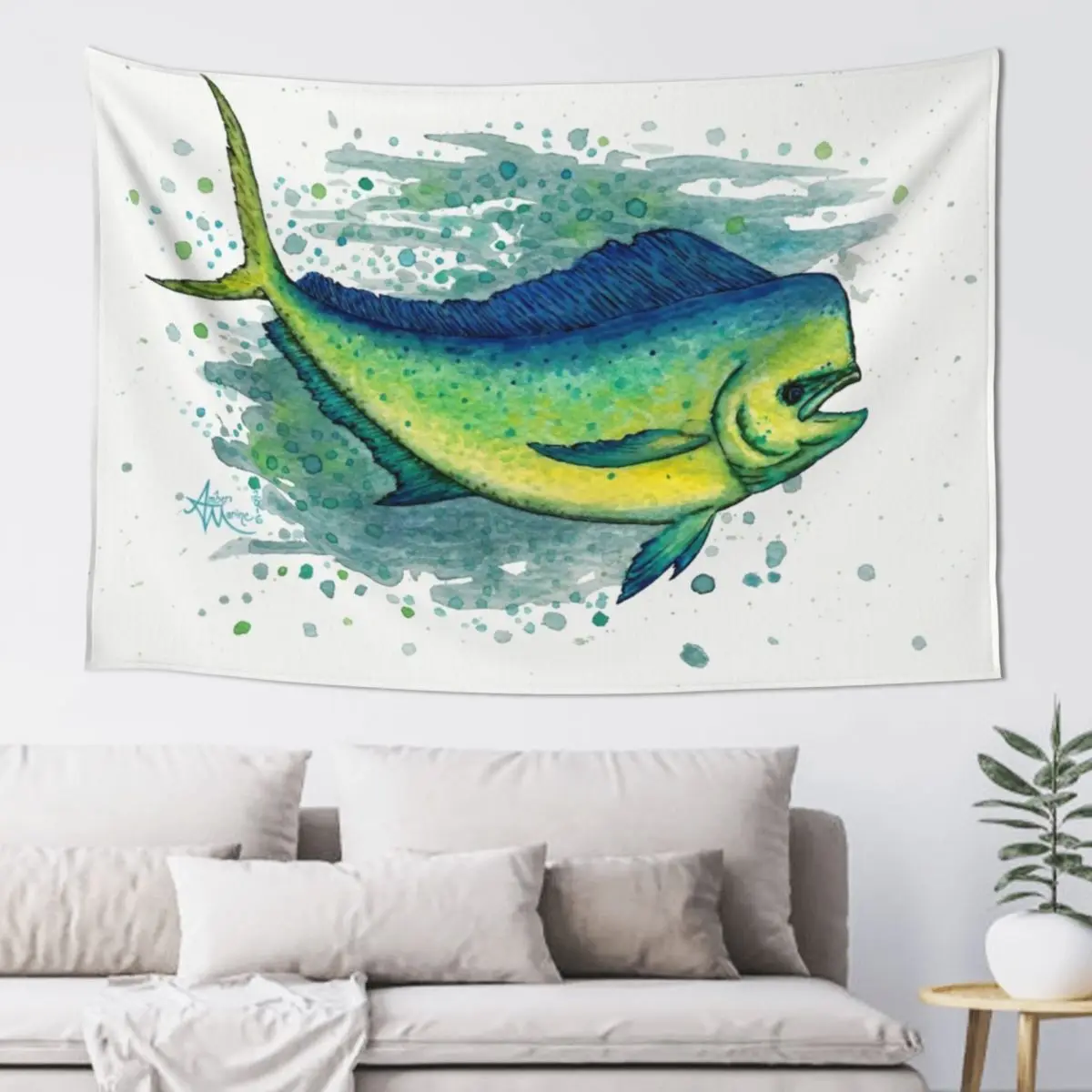 Mahi Splash от Amber Marine ~ акварель и чернила рыба-дельфин / картина Dorado искусство? Гобелен