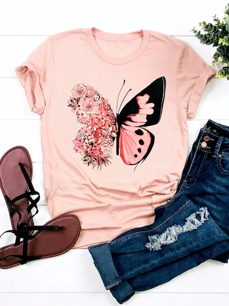 

Женская футболка с коротким рукавом, принтом и бабочкой