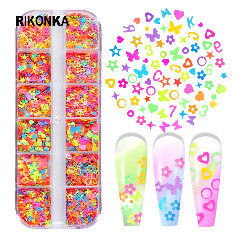 

Флуоресцентная бабочка, цветок, звезда, смешанные формы, 3D Неоновые хлопья, комплект для дизайна ногтей, летняя деталь «сделай сам»