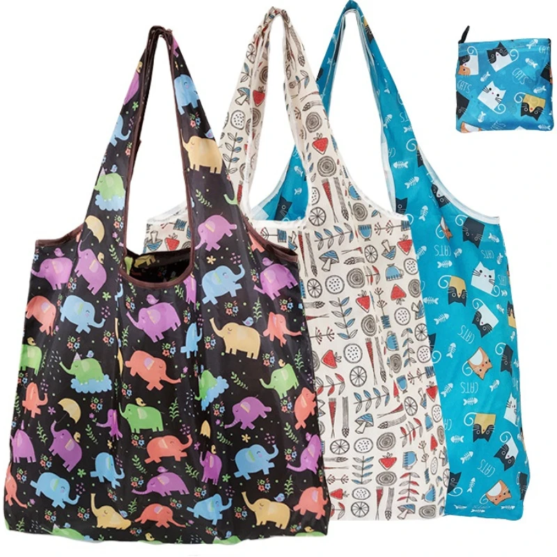 

Foldable Shopping Bag Reusable Travel Grocery Bag Eco-Friendly Cute Animal Cat Cactus Lemon Printing Supermarket Tote Bag 2023