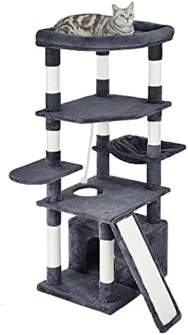 

POPTOP 56 Inches Tree Multi Level Tower with Sisal-Covered Scratching Posts, Kitty Playhouse and Large Top Perch