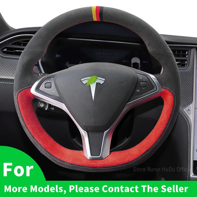 

Car Steering Wheel Cover For Tesla Model S X Y 3 2011-2021 Black Red Alcantara Suede Custom Hand Stitching Interior Accessories
