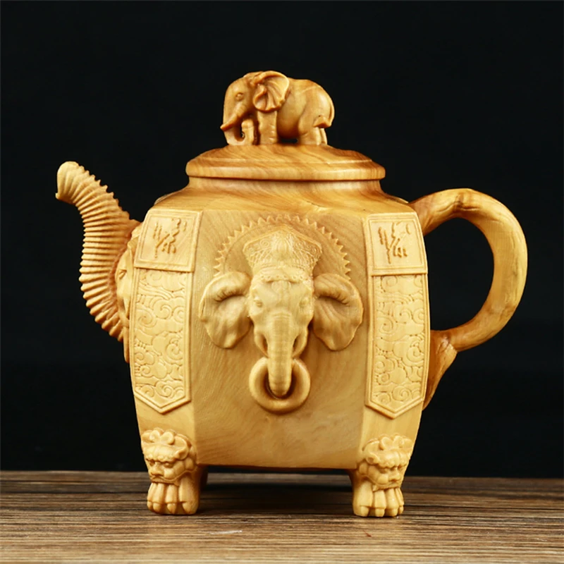 

9*6.5*8cm Handmade Carving Boxwood Exquisite Chinese Fengshui Elephant Hand Pieces Pocket Tea Pot Mascot