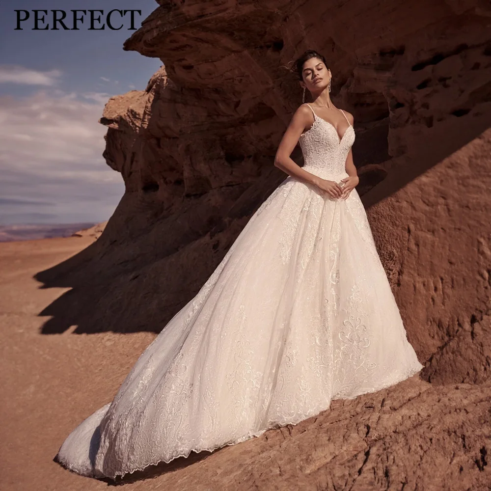 

PERFECT Wedding Dresses For Woman Charming A-line V-Neck Spaghetti Straps Appliques Lace Tulle Sleeveless Robe De Mariée