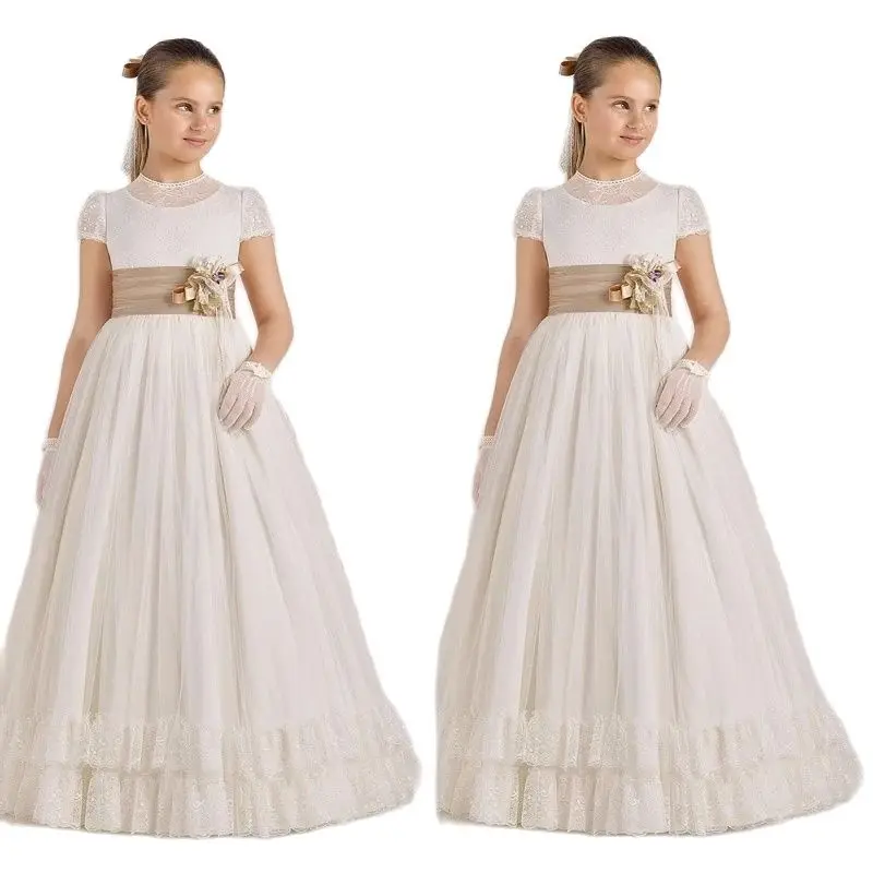 

Elegant Vintage Flower Girl Dresses with Sash A Line Satin Lace Top Girl First Communion Dress Kids Clothes