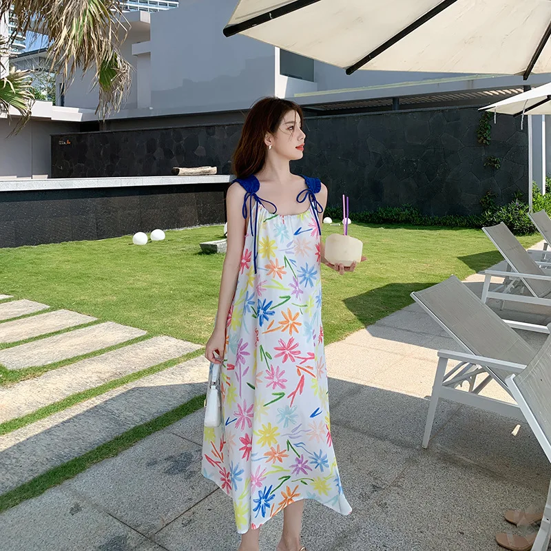 Длинные богемные платья в стиле бохо с цветочным принтом на бретелях элегантные