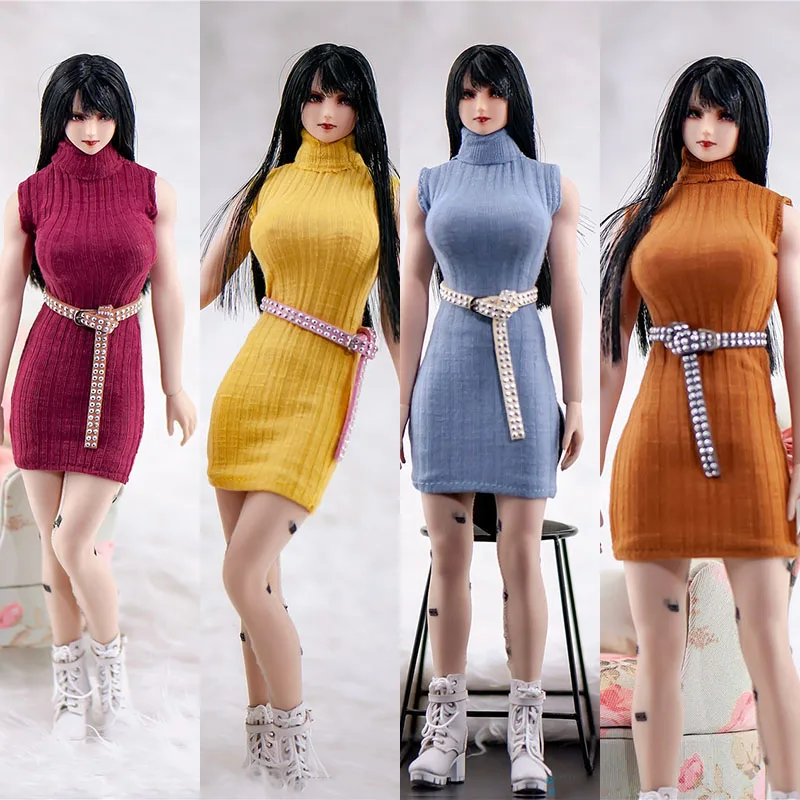 

1/6 Female Soldier Sexy Tight High Neck Long Sleeveless Sweater Dress with Belt Fits 12 Inches Action Figure Modle Dolls