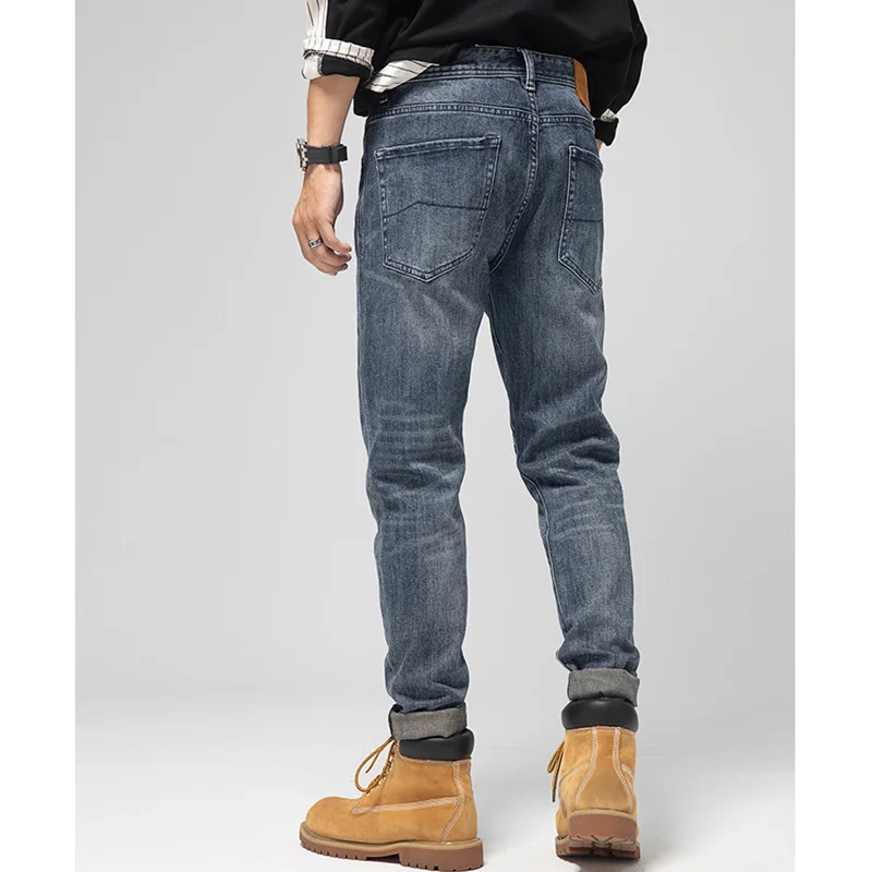 Men Clothing New Pattern Recreational Vintage Blue Jeans Straight Cylinder Self-cultivation Elastic Force Trousers Autumn Female