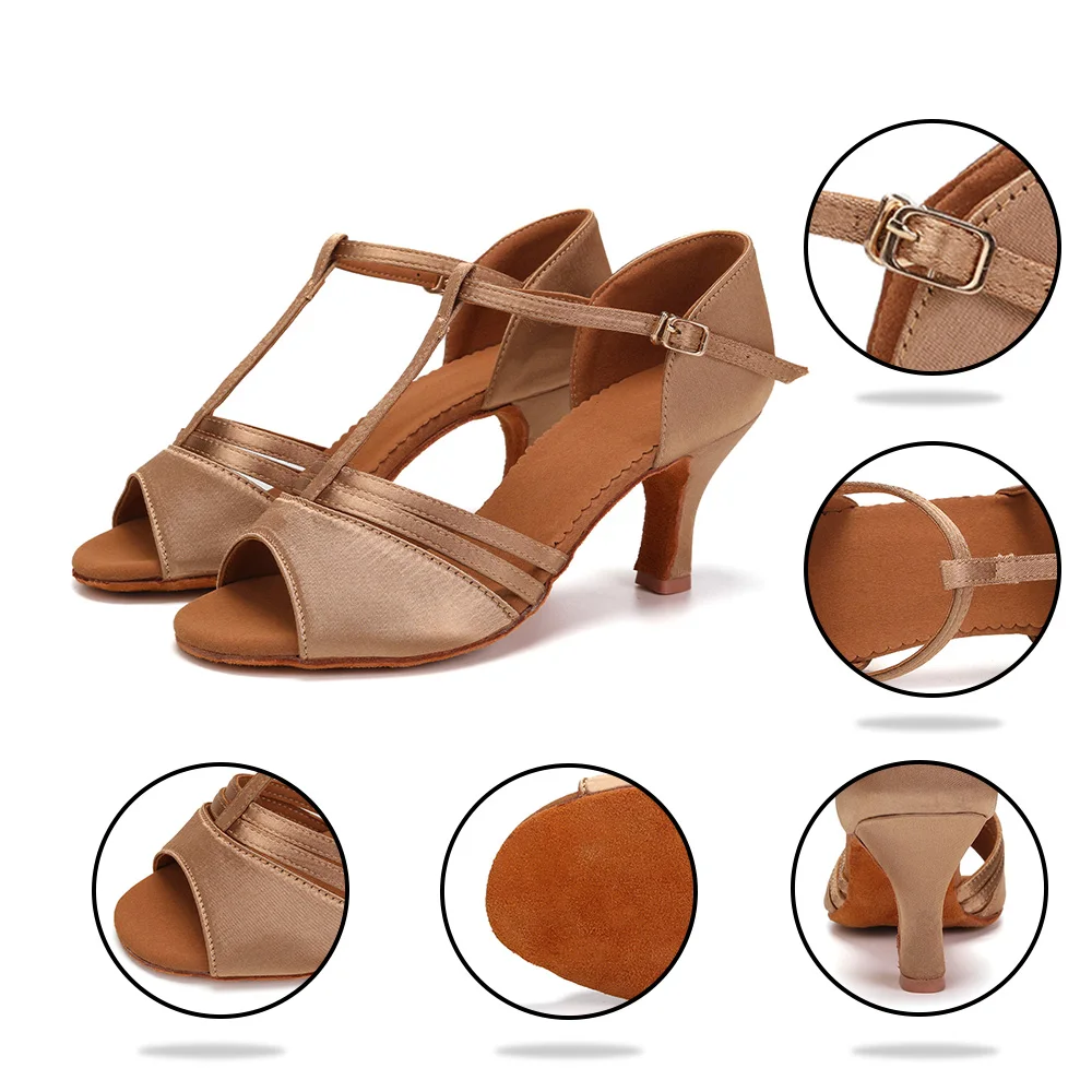 Hot Sale Women's Latin Dance-Shoes Girls Ballroom Dancing Sandals Salsa Tango Dance Sandals Soft Sole 5/7CM Heel T-Bar Design