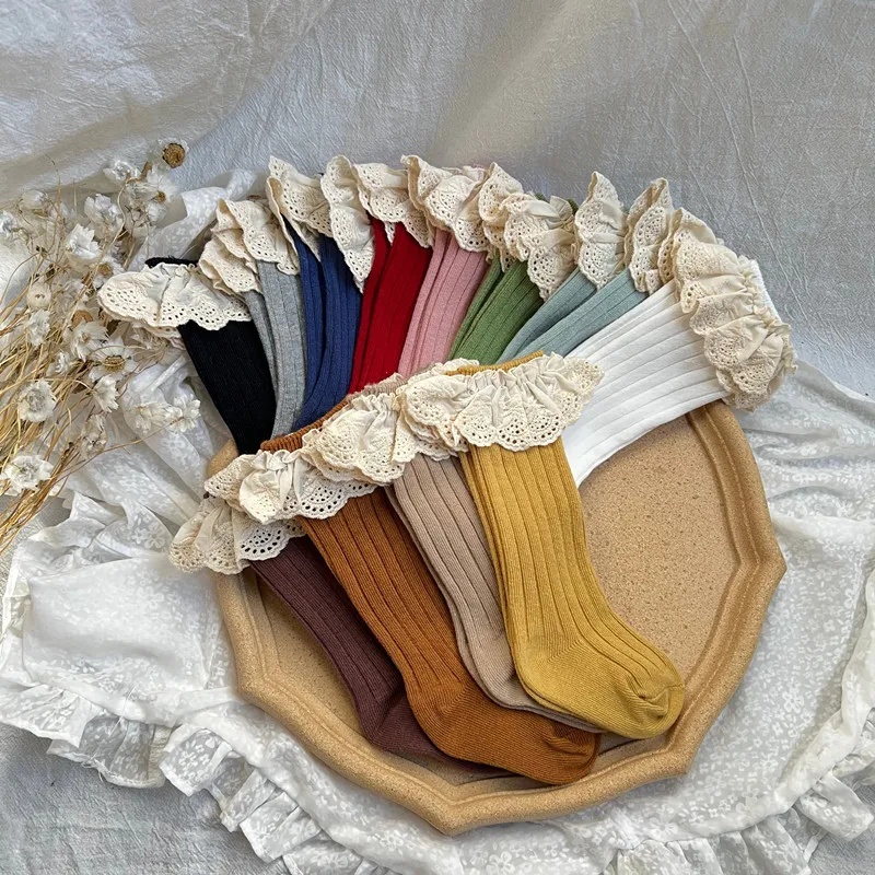 

Kids High Ruffle Princess Lace Socks Girls For Knee Frilly Flower 0-5years Baby Cute Long Socks Cotton Children Socken Soft New