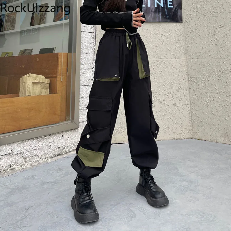 

Techwear Side Pocket Cargo High Waist Jogger Pant colorblock Contrast Black Trouser Women kpop y2k clothes streetwear harajuku