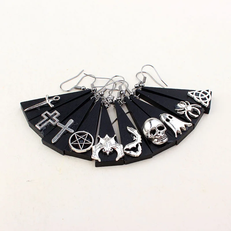 Gothic Black Triangle Drop Earrings For Women Skeleton Bat Spider Skull Cross Pentagram Earings Goth Jewelry Accessories VGE175 |