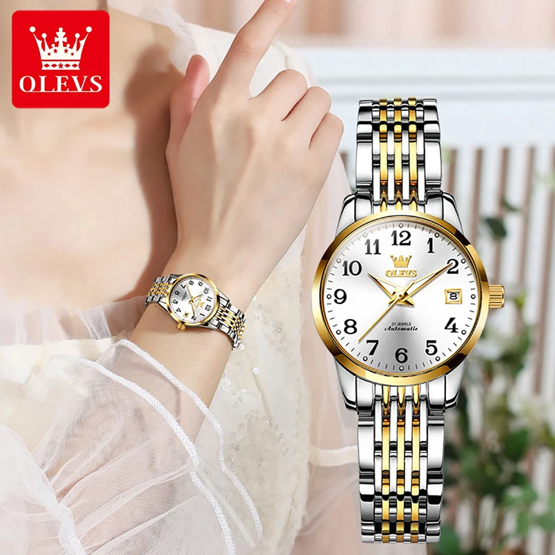 OLEVS Genuine Watch Casual Fashion Womens Automatic Mechanical Watch Stainless Steel Strap Simple Calendar Display Luminous 6666