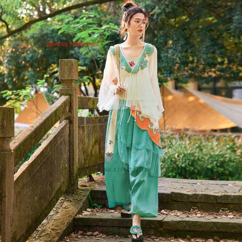 

2023 traditional chinese vintage hanfu costume women national chiffon coat+tanks+pants retro flower embroidery vintage hanfu set