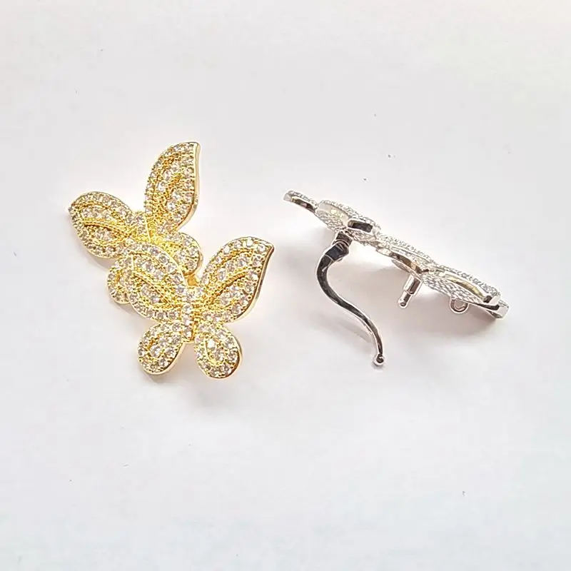 35mm X 21mm Double Butterfly Front Buckle Clip Clasp Platinum Plated And Copper Zirconia Inlay For Chain Necktie Necklace DIY