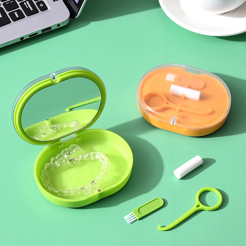 

Orthodontic Retainer Braces Storage Box Soaking Invisible Teeth Denture Cleaning Tooth Storage Portable Belt Case With Mirror