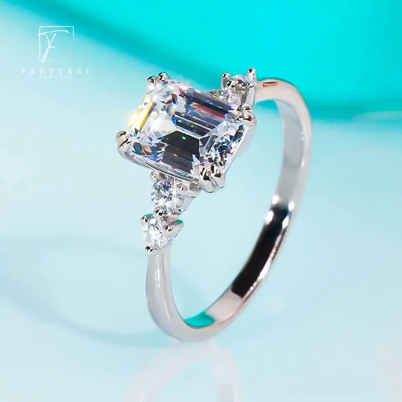 FENTTECI S925 Sterling Silver Platinum Plated Moissanite Ring Emerald Cut Ring Fine Luxury Jewelry for Women Engagement Wedding