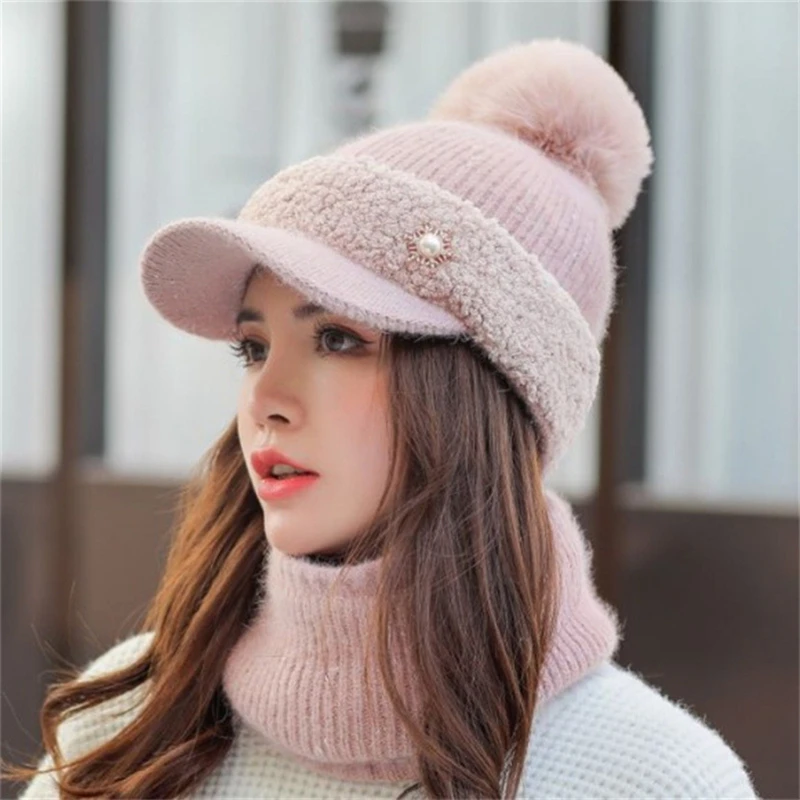 

Women's Winter Hat Ski Ball Knitted Hats Scarf Hat Set Winter Women Beanie Hat Warm Skullies Female Cap New