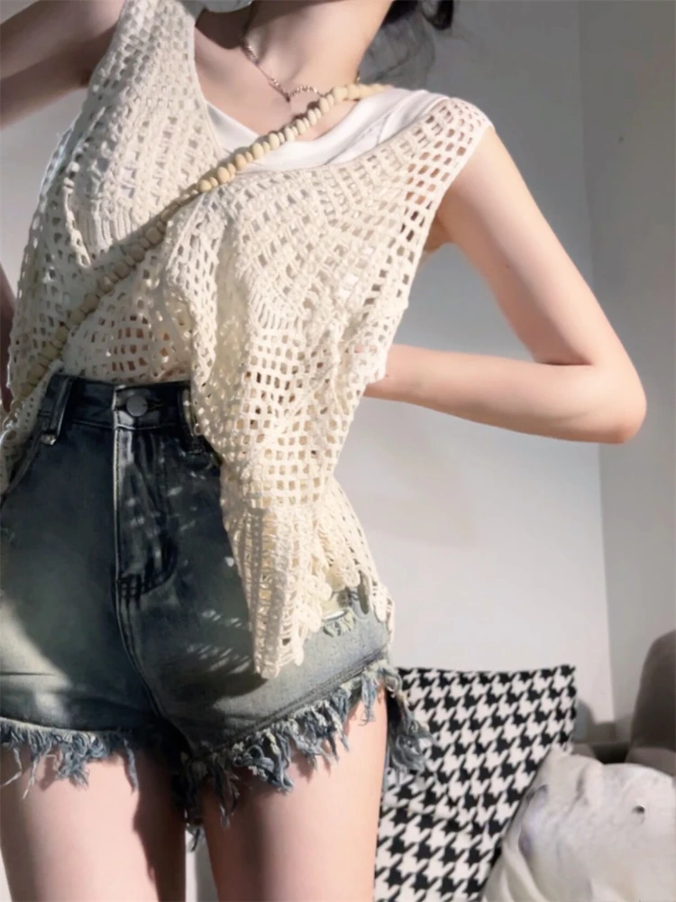 

Женский винтажный вязаный жилет, повседневный комплект из 2 предметов, укороченный топ, Корейская одежда, Пляжная шикарная блузка без рукав...