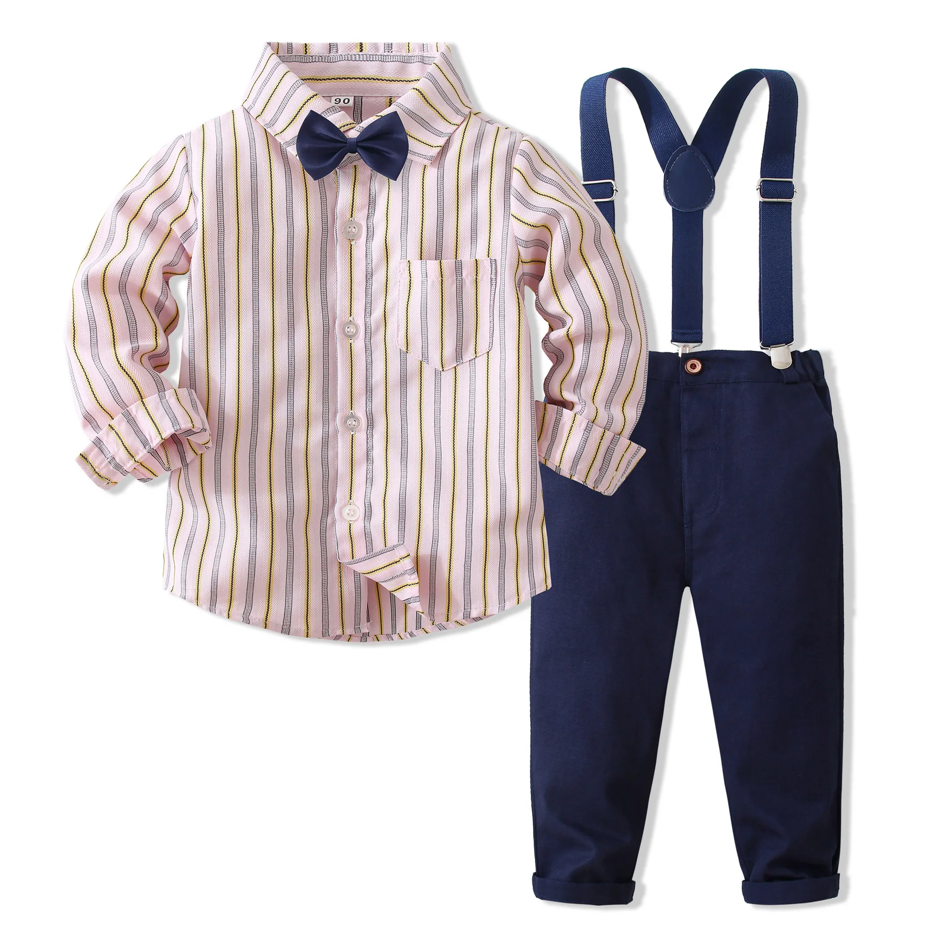 

Boy Clothes Outfit Set with Bow Striped Pink Long Sleeve Shirts Blue Pants Boy Formal Party Wear Suit Boys Clothing