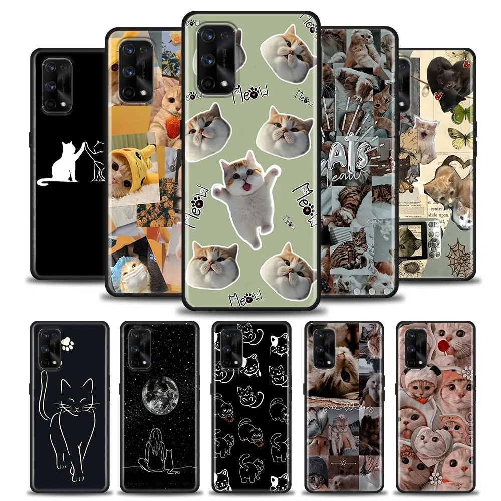 

Line Art Funny Cute Cat Funda Case For Realme GT 2 Pro Master Neo2 NARZO 50 50I 50A 5G C35 C33 C31 C30 C21 V25 Case Shell Capa