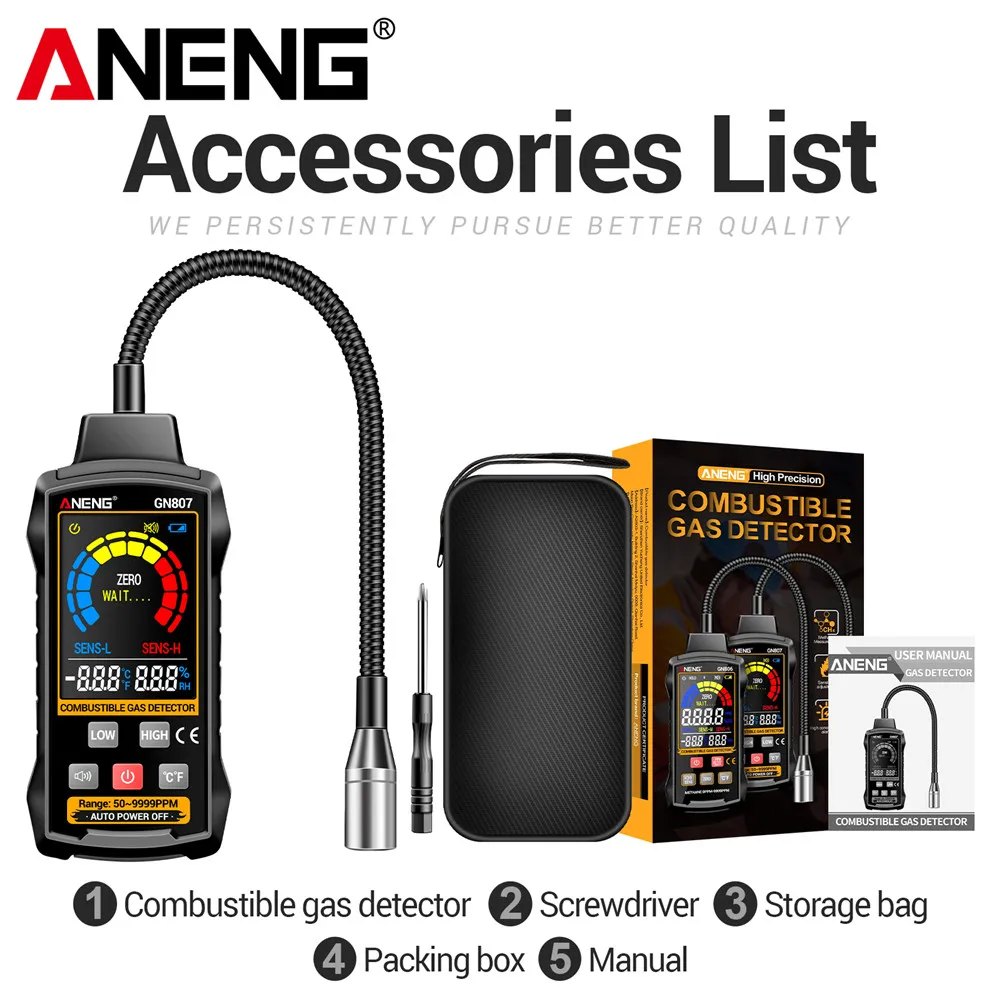 

ANENG GN807 Детектор горючих газов обнаружения различных легковоспламеняющихся газов Звуковая и световая сигнализация 50 ~ 10000PPM Обнаружение метана