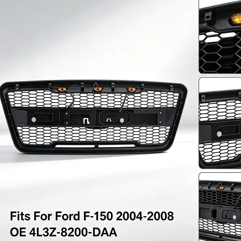 Фото Передняя решетка в стиле Raptor подходит для Ford F‑150 2004‑2008 годов выпуска, сетчатая решетка с LED-дневными ходовыми огнями и янтарными габаритными огнями, оригинальный номер 4L3Z‑8200‑DAA. №5