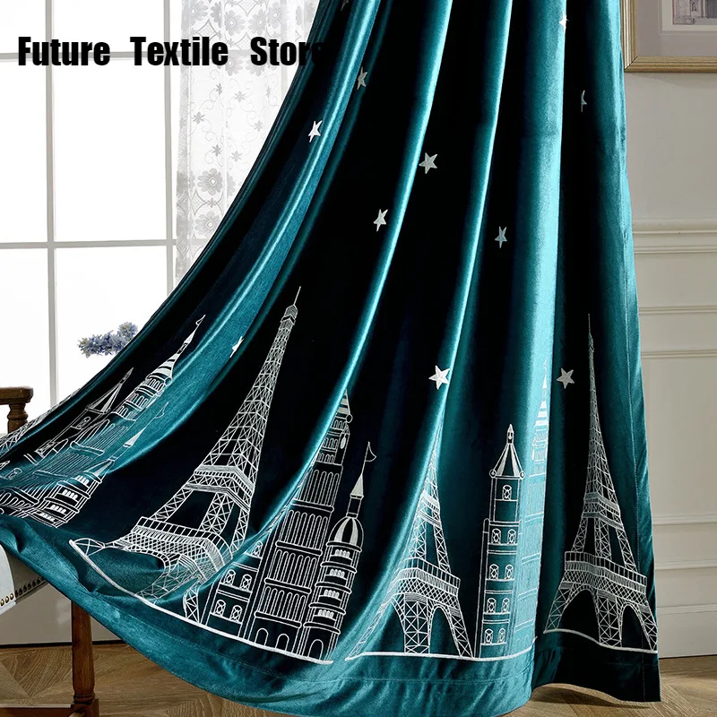 

[Ночная городская башня] современные минималистичные европейские шторы для гостиной, спальни, итальянские бархатные шторы с вышивкой на ок...