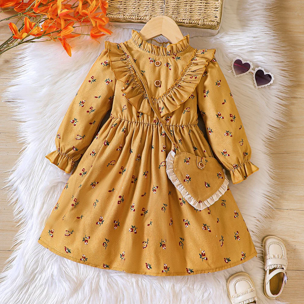 

2 To 7 Years , Corduroy Dresses For Girls Autumn New 2024 Ruffles Princess Floral Girl Costume Print Dress Cute Clothes