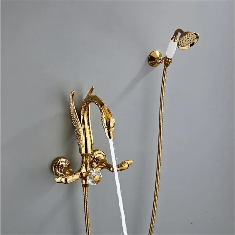 Набор золотых смесителей для ванны и душа настенный кран с золотым лебедем