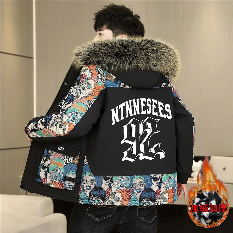 Мужская зимняя флисовая куртка с капюшоном и меховым воротником