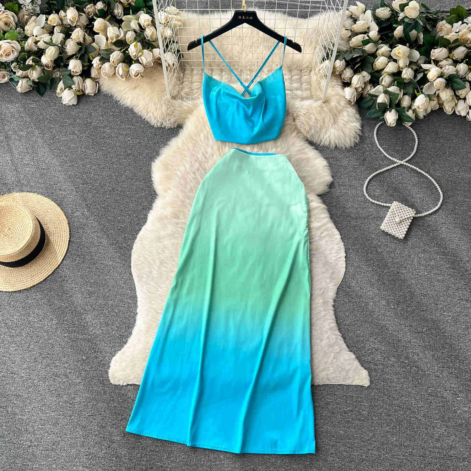 

Граненый Цвет, пляжный стиль, комплект из 2 предметов для женщин, сексуальный короткий топ без рукавов и высокая талия, трапециевидная фотография