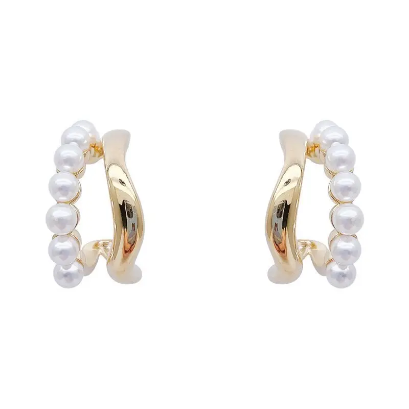 

LuxHoney S925 Silver Earpost Gold Plated Double-layer Wave C-shaped Pearl Hoop Stud Earrings for Women OL Celebrity In Party