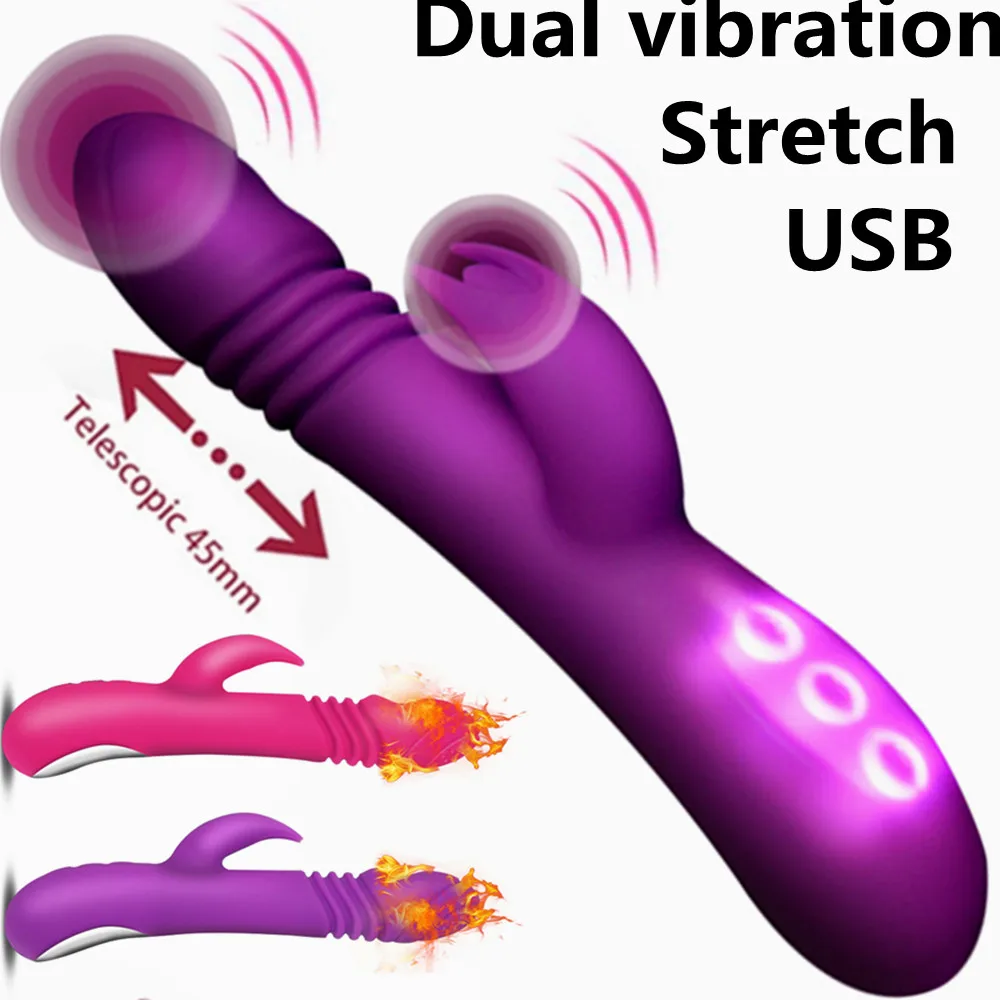 

USB Heating Rabbit Vibrator Clit Massage Telescopic Dildo Vaginal Masturbator Stretch AV Wand Swing Rotation Women Pussy Sex Toy