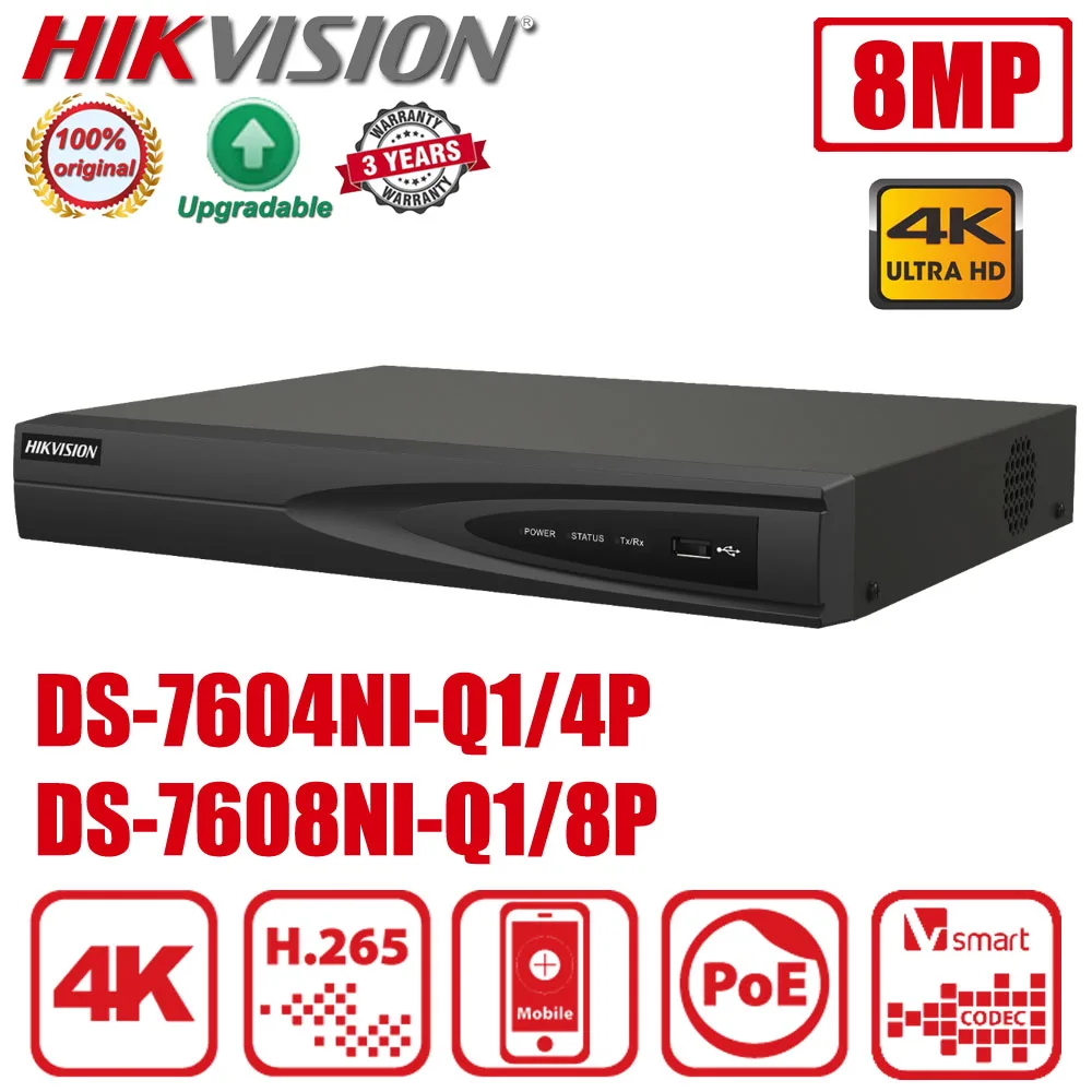 Hikvision-grabador de vídeo de red Original, DS-7608NI-Q1/8P, 4/8 canales, 1U, 4/8PoE, 4K, NVR, H.265, Plug and Play, DS-7604NI-Q1/4P