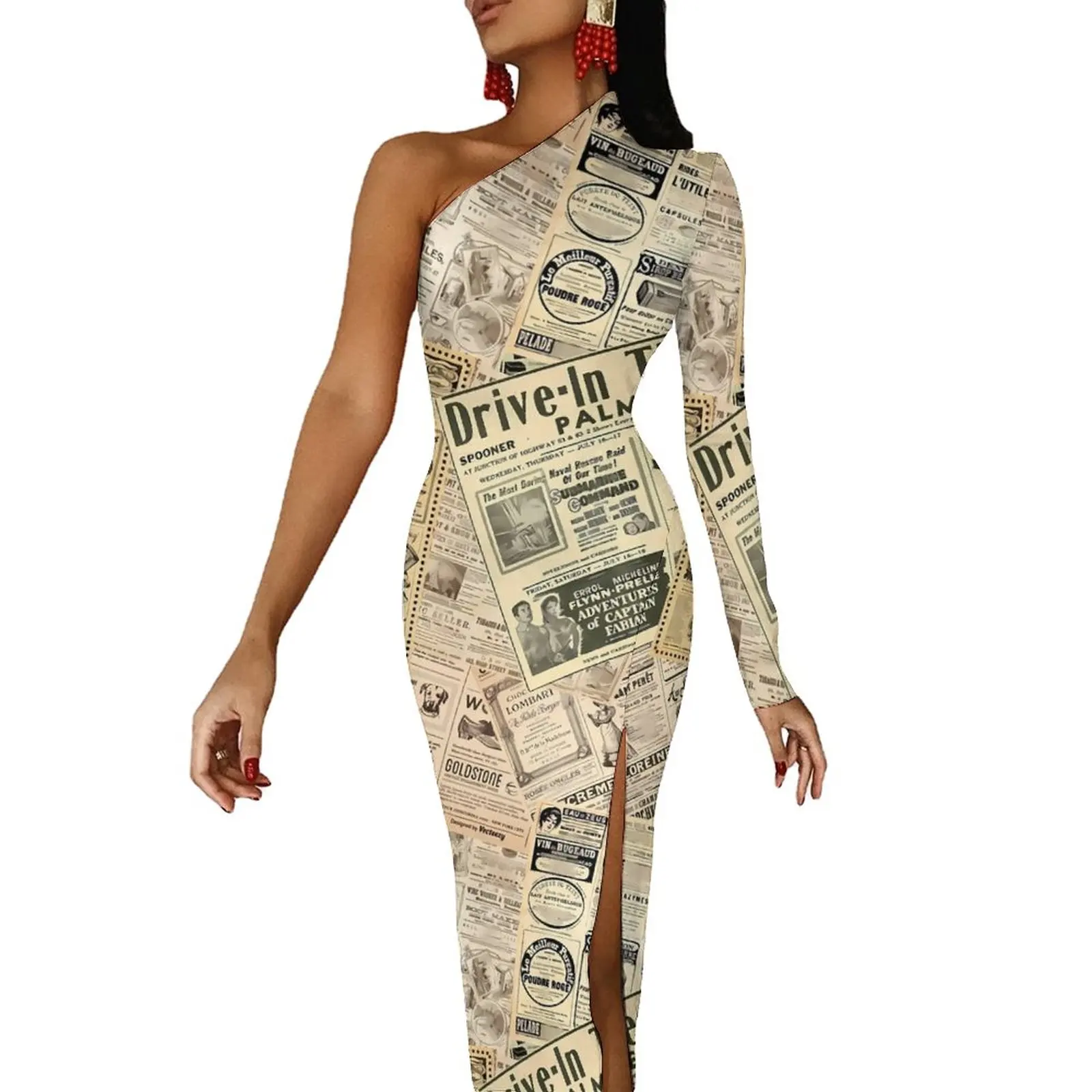 

Платье макси с принтом старой газеты, модное облегающее платье с длинным рукавом и надписью, осенняя уличная одежда, длинные платья, женское платье с графическим принтом