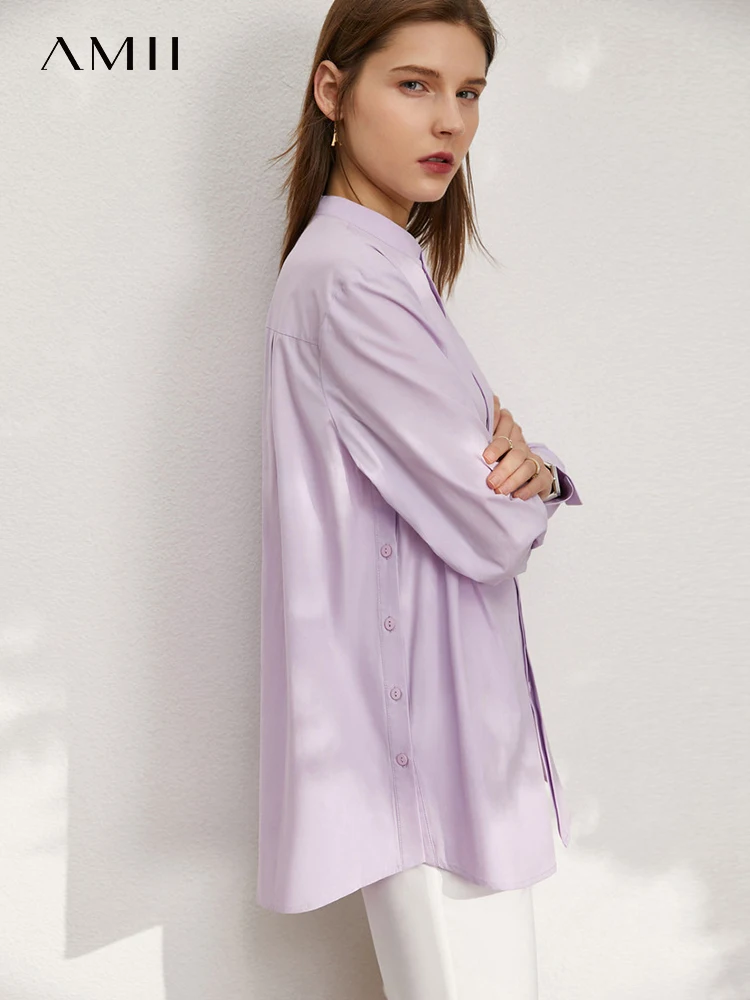 

Amii Minimalism Autumn Shirts Women Fashion Slit Loose Full Sleeve Stand Collar Cotton Tops Temperament Female Clothing 12240719