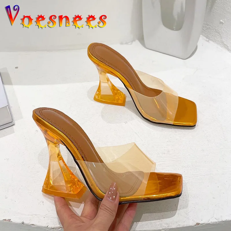 

Summer High-heeled Slippers Women Casual Outdoor Wear Square Toe Crystal Shoes Transparent PVC Strange Style Open-toe Sandals
