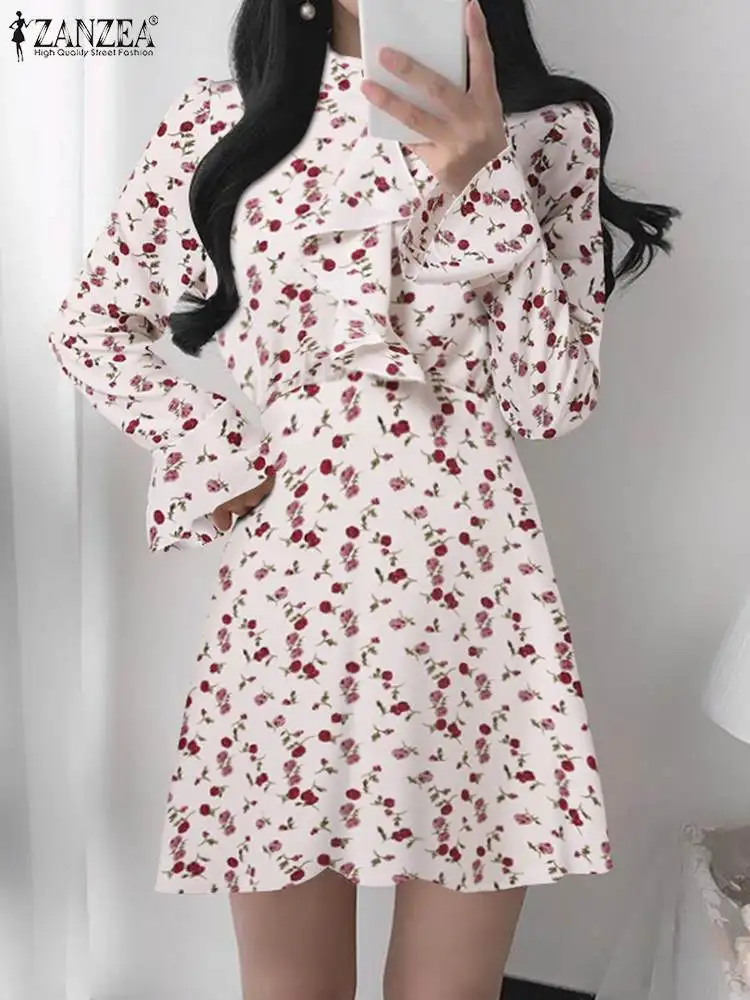 

Платье ZANZEA женское ТРАПЕЦИЕВИДНОЕ с оборками, элегантное короткое вечернее, с завязкой сзади, с расклешенным рукавом, с цветочным принтом